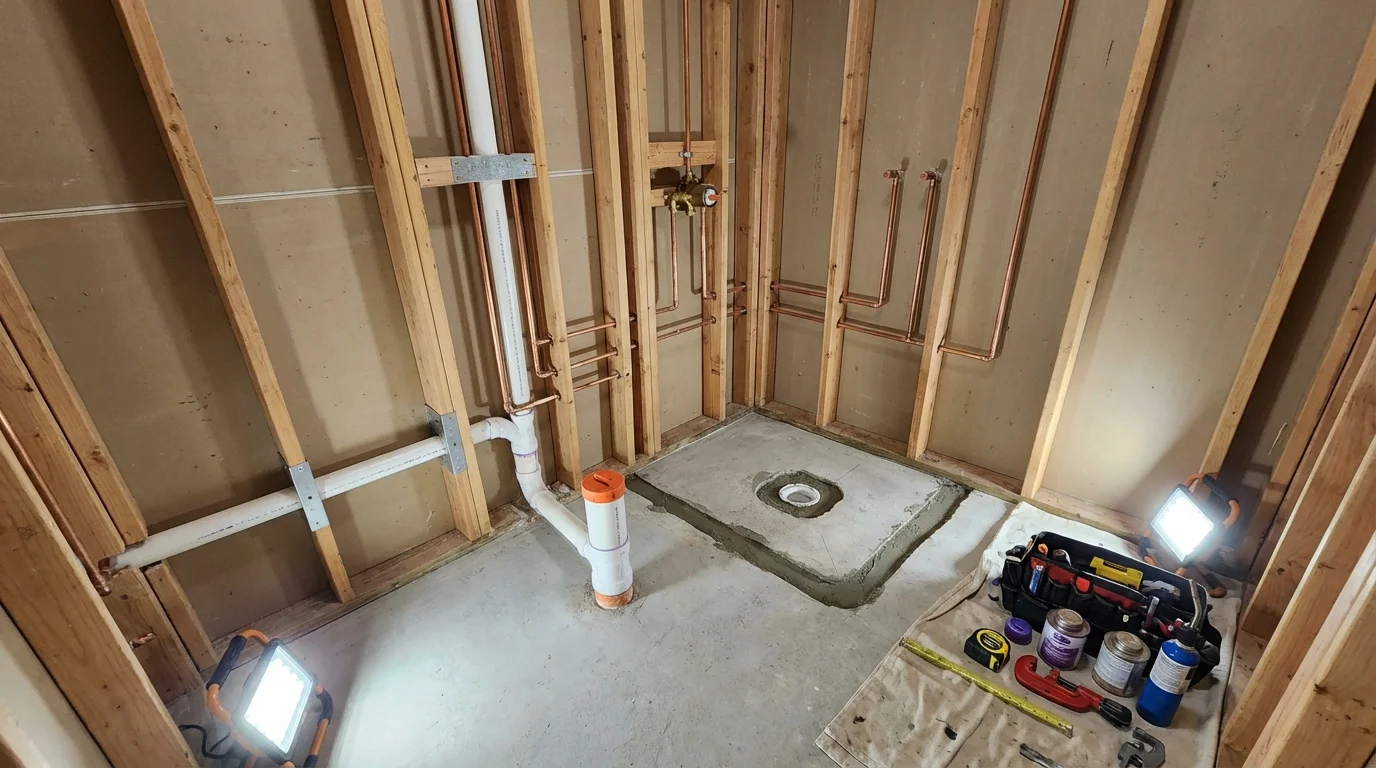 Bathroom rough-in plumbing during remodel by Johns Plumbing LLC in Graham