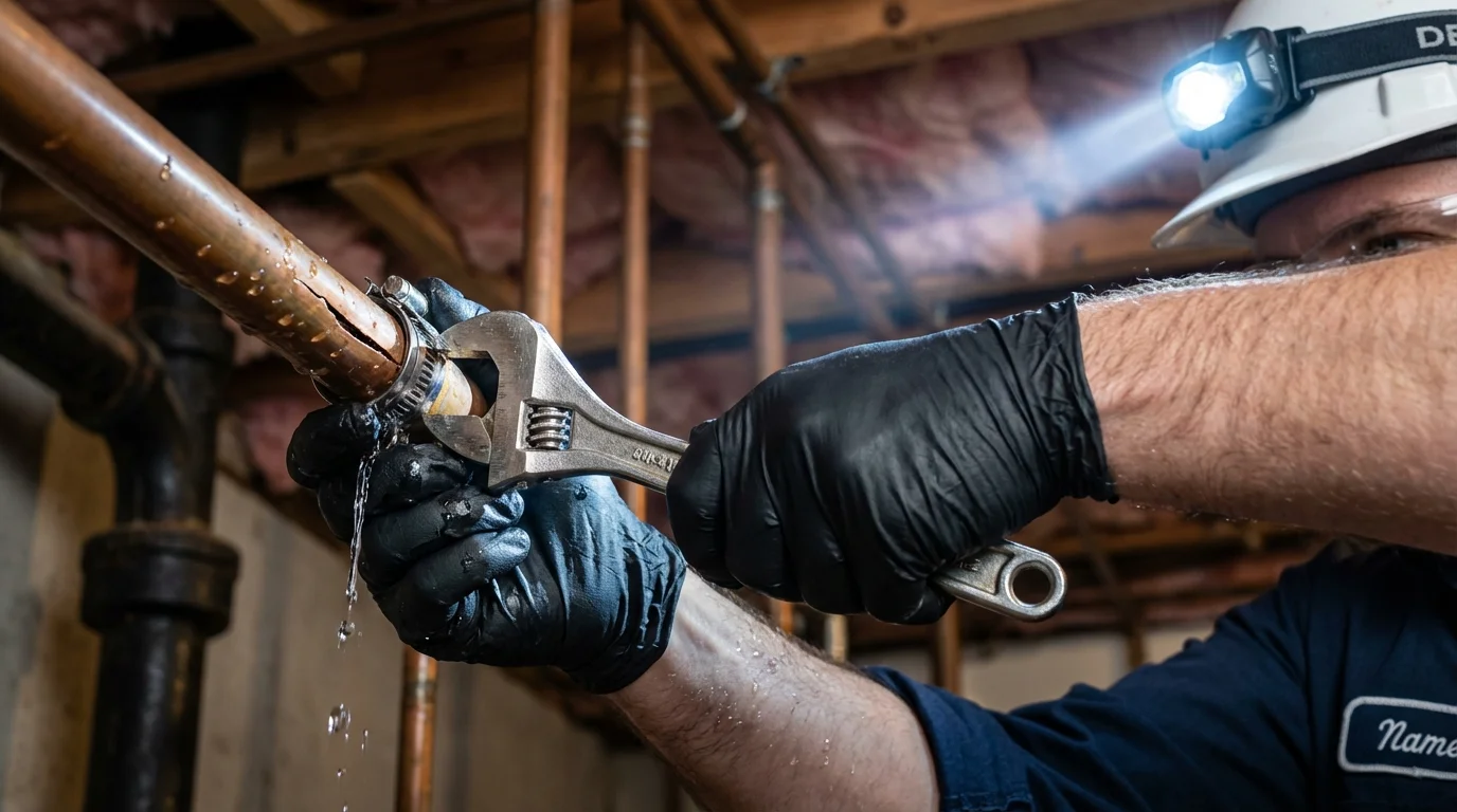 Emergency pipe clamp repair being performed by a Johns Plumbing LLC plumber in Graham